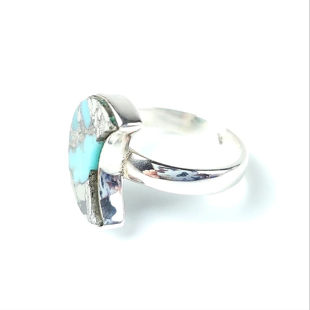 Sterling Silver Turquoise and Pyrite Crescent Moon Ring Size 7 - Picture 11 of 16